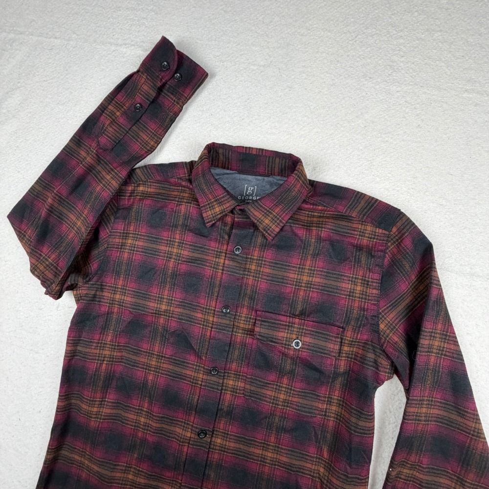 George‎ Mens Small Red Black Plaid Flannel Button Down Shirt Long Sleeve RN52469